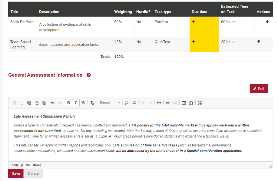 Screenshot of chages to assessment policy.