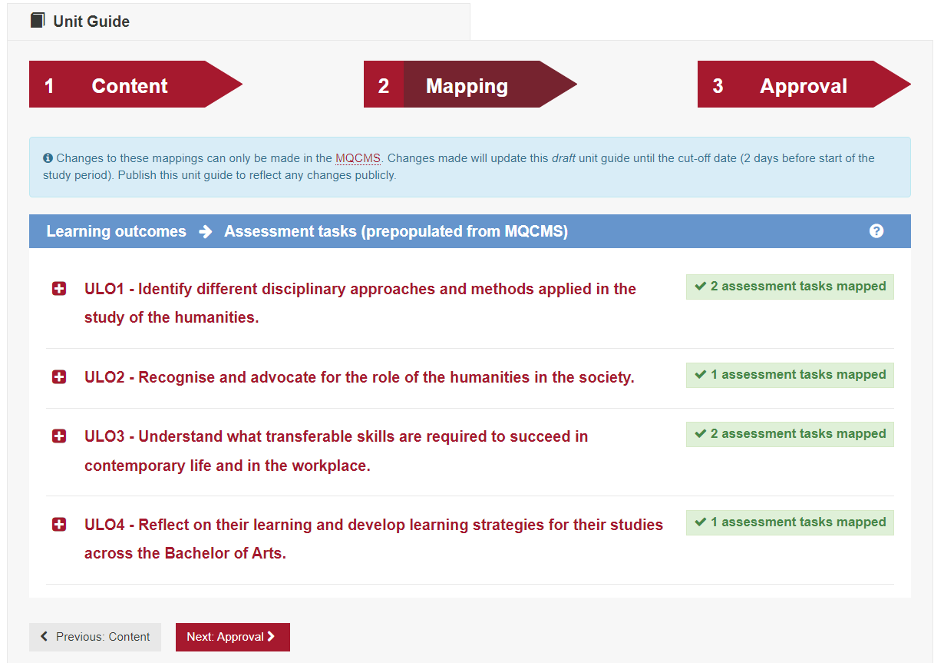 Screenshot of step 2 mapping of learning outcomes to assessmenst tasks.